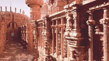 Naklejka premium narrow sunlit sandstone alley lined with carved columns and balustrades, textured walls and inviting perspective create intimate atmosphere for exploration