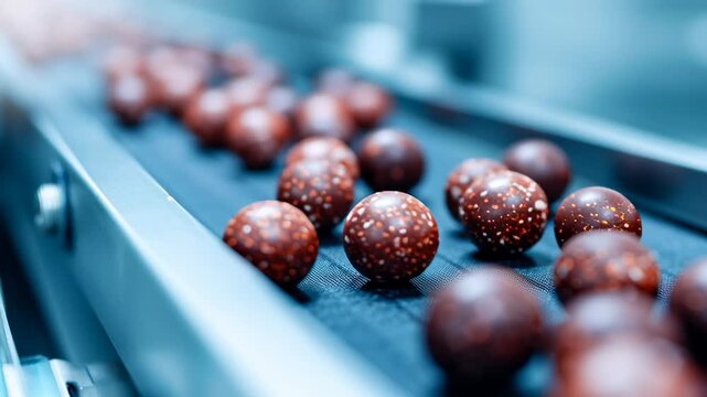 Chocolate-covered nuts roll smoothly along a sleek conveyor belt, each bouncing gently as they are coated in a layer of rich chocolate. The allure of this delicious process captivates the senses