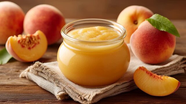 A beautiful glass jar filled with homemade peach compote rests on a rustic cloth. Juicy peaches surround it, evoking a warm, sunny day. This delightful treat showcases vibrant colors and rich flavors