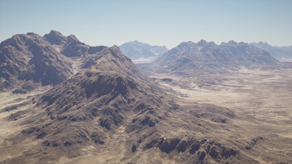 Obraz premium Expansive rocky mountains under clear sky, layered ridgelines and jagged peaks stretching into distance, dramatic light and shadow, textured slopes revealing