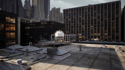 Flat urban roof with hvac units, dusk skyline in background maintenance staging area with metal ducts, vents and parapet, gravel surface, scattered wiring