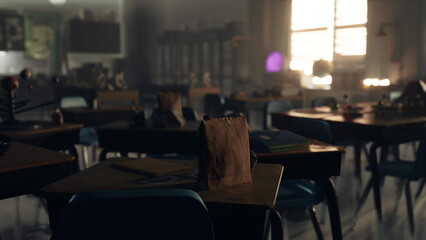 Closeup paper bag illuminated by warm sunlight on desk, textured brown paper and soft creases emphasizing quiet intimacy and stillness. Shallow depth of field