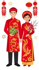 Obraz premium Flat cartoon illustration of a Vietnamese couple wearing traditional red ao dai, standing together happily, Lunar New Year theme, clean vector style, simple shapes, isolated on white background