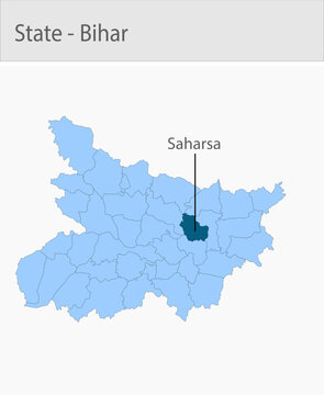 Saharsha-Bihar detailed map illustration graphic for educational reference, geographic visualization, design layouts, presentations, digital media and