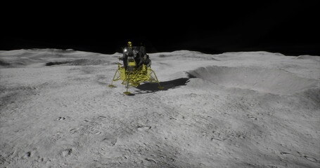 Moon surface with lunar lander centered, silent gray regolith stretching to cratered horizon under pitchblack sky, small astronaut figures beside goldfoil © icetray