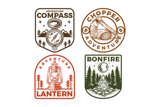 Wilderness equipment with compass tool, camping axe, outdoor lantern, night campfire retro badge illustration logo design set for exploration, survival, camping, adventure and outdoor sport