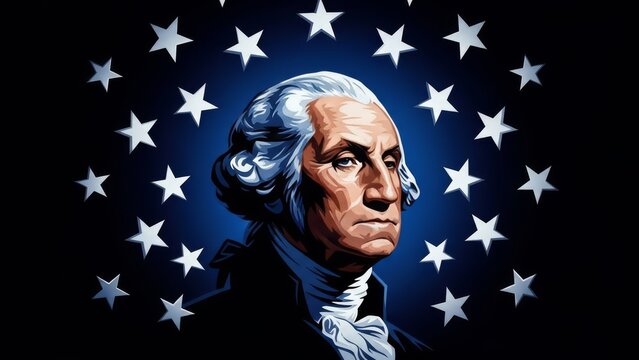 George Washington in powdered wig and colonial attire, depicted with a stern gaze against a backdrop of orbiting white stars on a dark blue gradient.