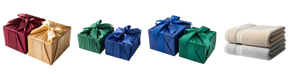 Obraz premium Assortment of colorful wrapped gifts and spa towels on a transparent background