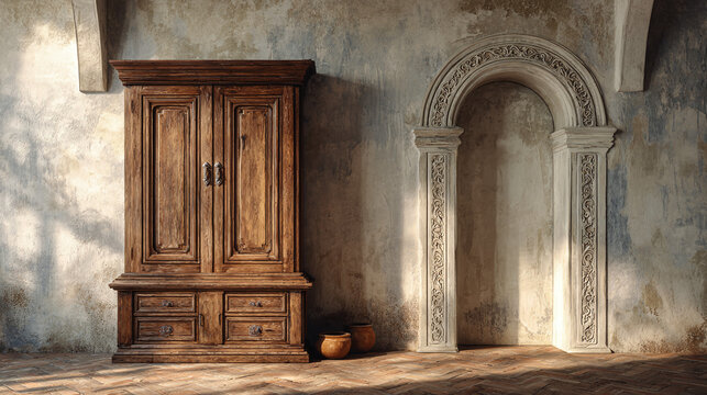 A vintage wooden wardrobe standing next to an arched doorway. The room's rustic charm is palpable, with light and shadow dancing across the walls.