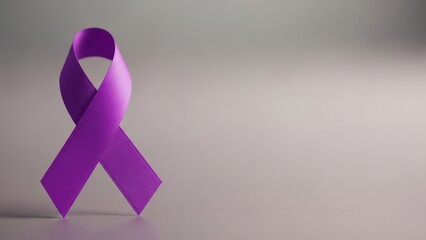 A single purple ribbon stands upright against a gradient gray background, symbolizing awareness and support.