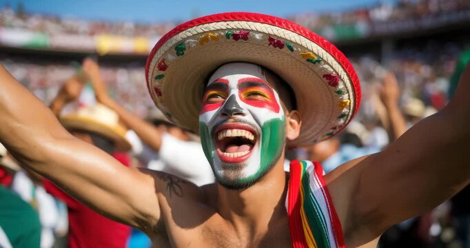 Excited Mexican fan cheering with face paint at stadium event