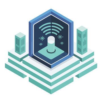 5G technology conference, isometric antenna pod with concentric waves, urban towers, connectivity session, mobile broadband innovation vector illustration