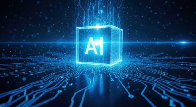 Futuristic AI Cube with Glowing Lines and Circuitry Representing Artificial Intelligence, Machine Learning, Data Analysis, and the Technological Advancement of Tomorrow
