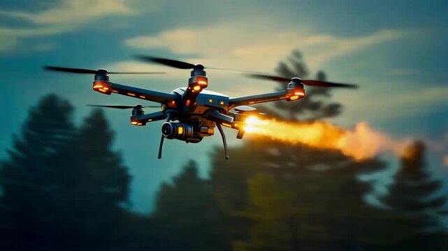 Slow-motion cinematic interception drone with fire trailing, slicing through air, 8K, 2026