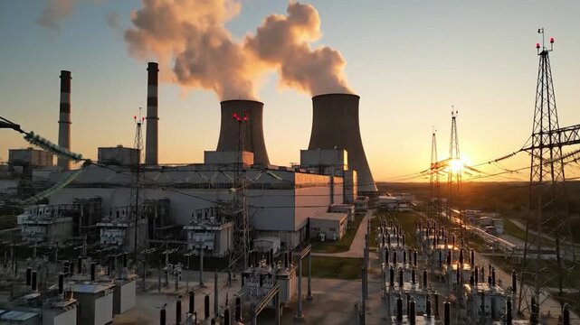 Power plant with cooling towers and sunset over electricity grid