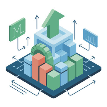 Machine learning deployment platform with arrows and cubes, auto scaling, model serving, data ingestion, isometric cloud computing vector illustration design