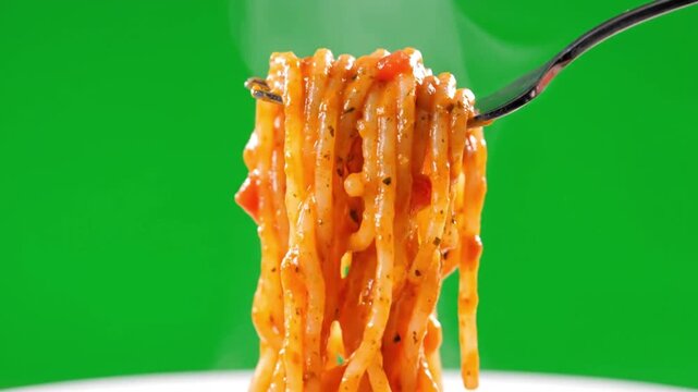 Steaming hot spaghetti on fork against green background