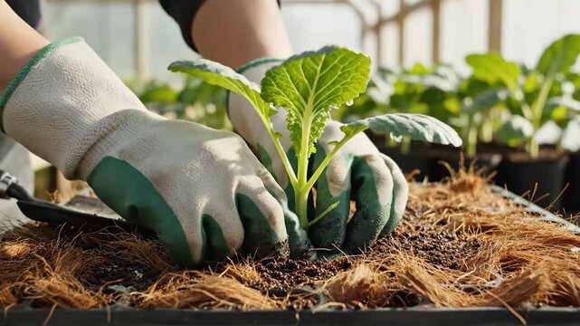 Hands in green-trimmed gloves transplanting a seedling into soil with coconut fiber