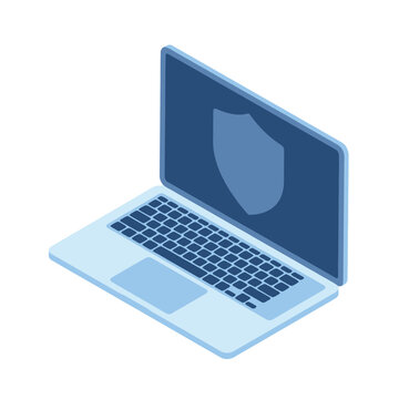 Laptop with shield icon, endpoint security illustration for device hardening workshop, antivirus rollout plan session, remote workforce cybersecurity training