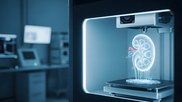 3D printing of a human kidney on a modern technological device in a scientific laboratory