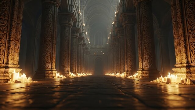 Ancient stone hall with ornate columns lined with flickering candles. Dimly lit gothic interior with dramatic lighting.