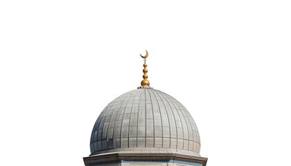A close-up view of a mosque dome with a golden crescent moon on top against a white background