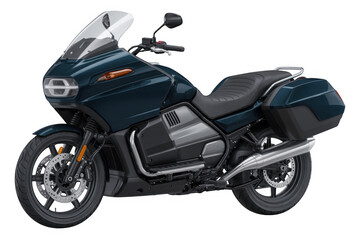 Obraz premium Dark blue touring motorcycle with black seat bike isolated on a transparent background