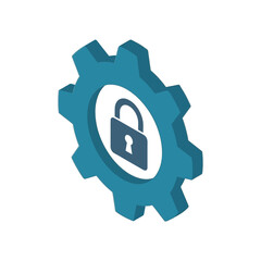 Obraz premium Security operations workshop, gear wheel with padlock icon, secure configuration session element, isometric safety vector for access control and compliance