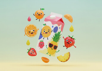 Fototapeta premium Cute cartoon fruit characters with juice carton on pastel gradient background