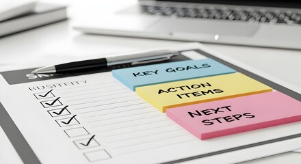 A checklist with colorful sticky notes and a pen on a desk with a laptop in the background.