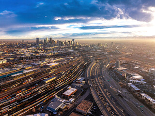 Denver skyline golden hour, drone photo Denver Colorado © Baptiste Yang