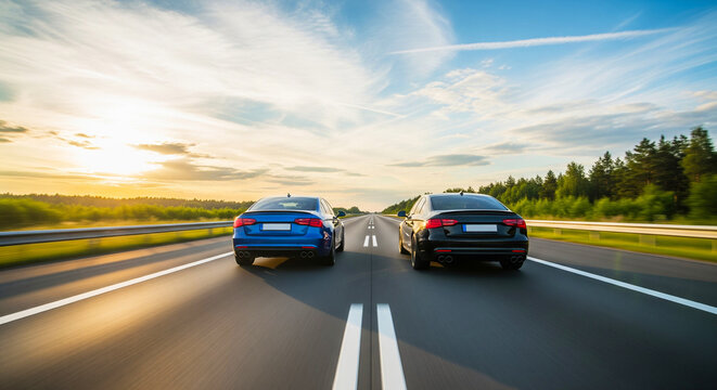Two cars driving on a highway with sunset in the background on a beautiful day with trees on the side