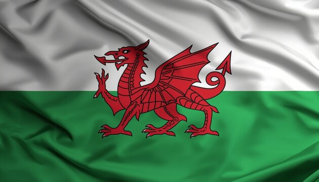 The flag of Wales waving in the wind with a red dragon emblem