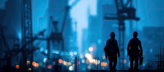 Silhouetted figures in hard hats observe a hazy, blue-tinted construction site at dusk