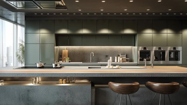 Step into a stylish minimal kitchen featuring sleek dark green flat-panel cabinets and a stunning concrete island. Natural light floods the space, enhancing its contemporary elegance