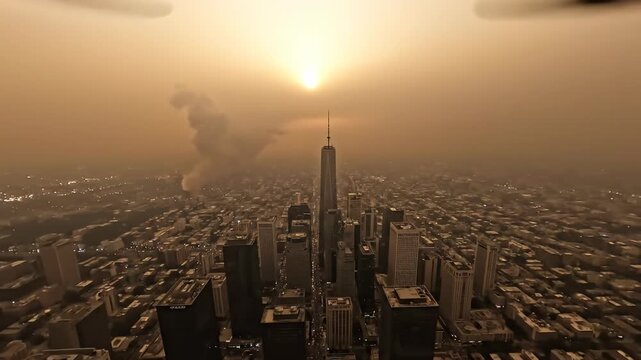 Sweeping aerial drone shot of a vast city blanketed entirely under a thick, brown, suffocating layer of smog and atmospheric haze environmental degradation, downtown, haze