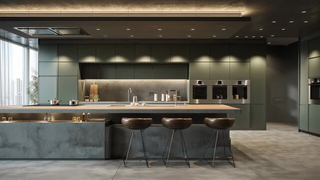 Explore a striking minimal kitchen featuring dark green flat-panel cabinets and a sleek concrete island. Bright light pours through large windows, highlighting the contemporary design elements
