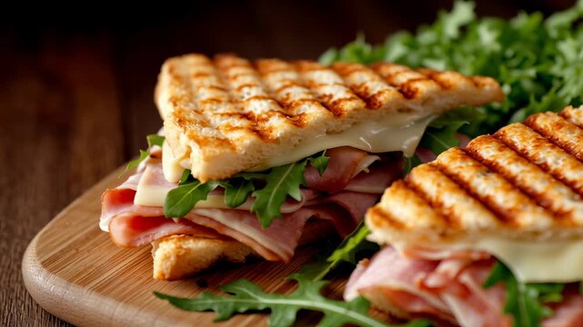 Enjoy the mouthwatering sight of a perfectly grilled panini bursting with layers of savory ham, creamy cheese, and crisp lettuce, all on a rustic wooden board
