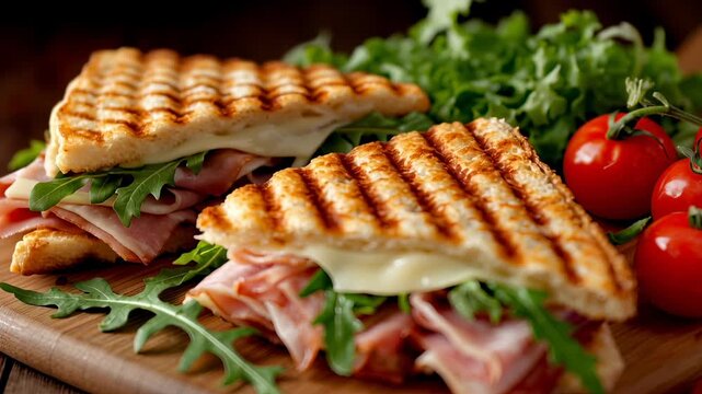Savor the joy of a freshly made ham and cheese panini nestled with crisp lettuce. This delightful sandwich is perfect for a quick lunch or snack anytime