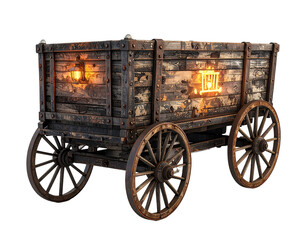 Rustic, weathered wagon with illuminated bars, evoking a sense of capture and history