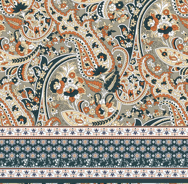 Traditional Indian Paisley Floral Border Pattern in Earthy Tones