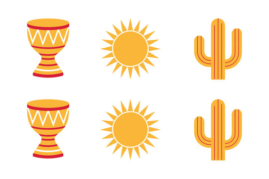 Sun and ceremonial cup icons vector set for summer solstice event flyer, cultural program poster, seasonal celebration design needs.