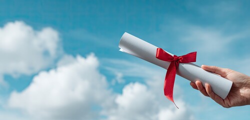 Naklejka premium Diploma held aloft against bright blue sky with fluffy clouds