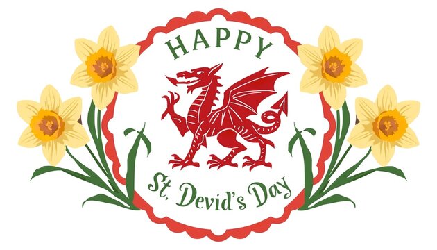 A colorful illustration celebrating St. David's Day with a red dragon and yellow daffodils