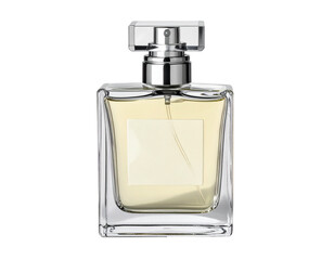 Elegant glass perfume bottle with a subtle yellow liquid and metallic spray cap