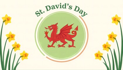 A colorful illustration celebrating St. David's Day with a red dragon and yellow daffodils