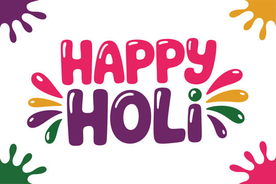 Happy Holi greeting with paint splash corners, bright color powder burst, festival celebration card, party flyer design, cheerful vector illustration