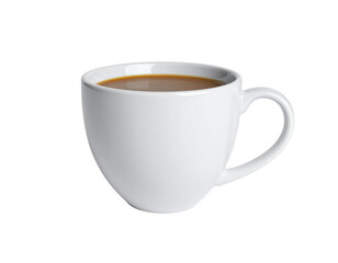A white ceramic mug filled with steaming, creamy brown coffee on a black background