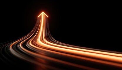 Neon orange arrow soaring upwards on black background, motion blur