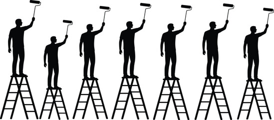 Obraz premium House painter silhouette lineup workers standing on ladders painting walls with rollers isolated white background renovation vector illustration